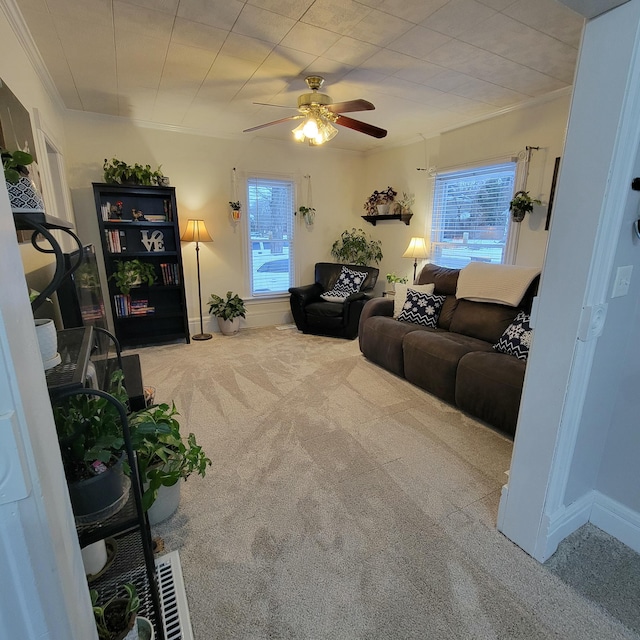 carpeted living room featuring ornamental molding, plenty of natural light, and ceiling fan