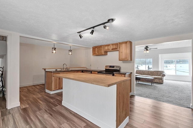 kitchen with stainless steel range with electric stovetop, pendant lighting, wood counters, and dark hardwood / wood-style floors