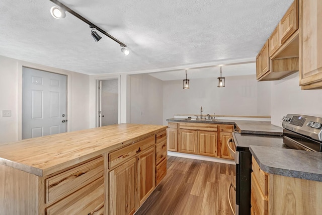 kitchen with electric stove, light hardwood / wood-style flooring, wooden counters, a textured ceiling, and decorative light fixtures