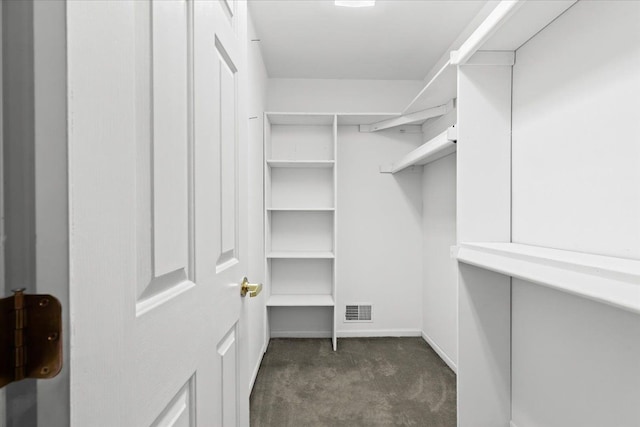 spacious closet featuring dark colored carpet