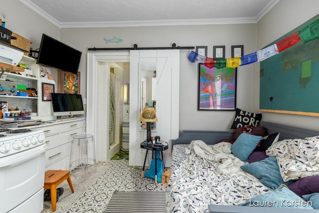 bedroom with crown molding and a barn door