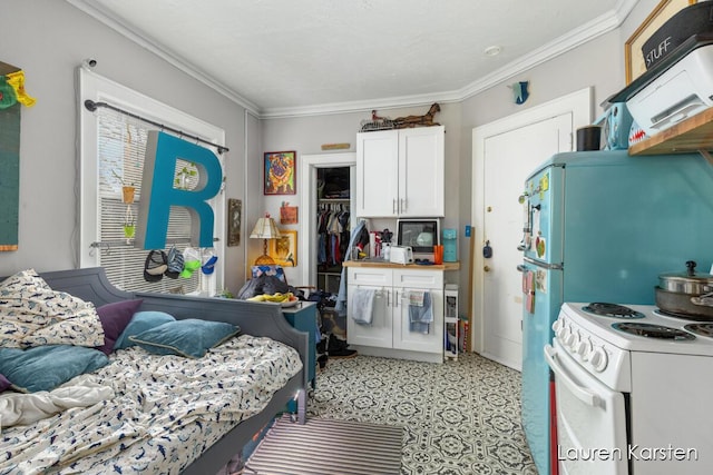 kitchen featuring extractor fan, ornamental molding, white cabinets, and white electric range oven