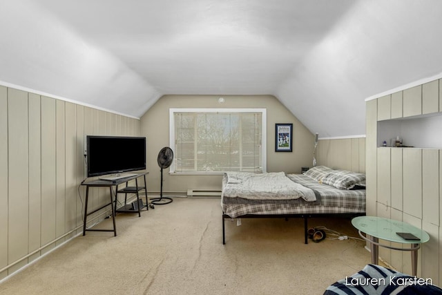 bedroom featuring light colored carpet, wooden walls, vaulted ceiling, and a baseboard heating unit