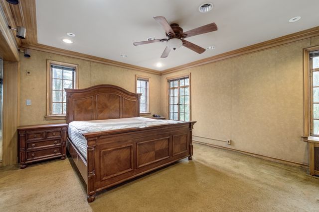 bedroom with crown molding, ceiling fan, and light carpet