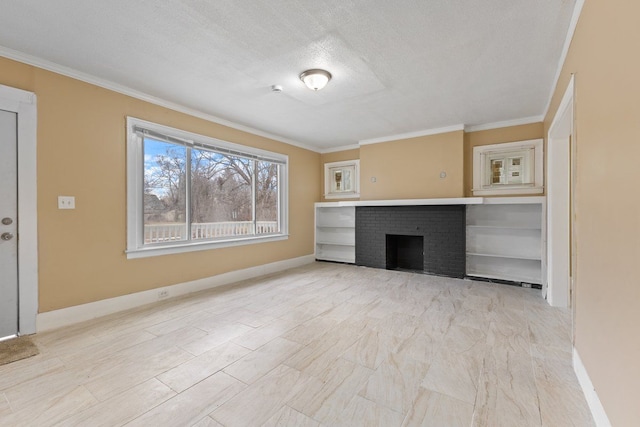 unfurnished living room featuring ornamental molding, a brick fireplace, and a textured ceiling