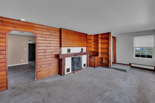 22810 E 13 Mile Rd, Saint Clair Shores, MI 48082 - unfurnished living room featuring a baseboard radiator, baseboards, a brick fireplace, and carpet floors