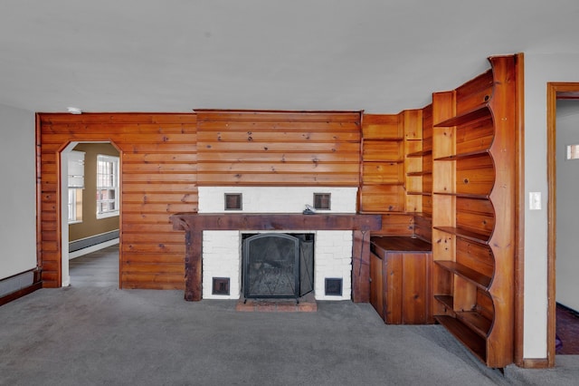 22810 E 13 Mile Rd, Saint Clair Shores, MI 48082 - unfurnished living room with carpet floors, a baseboard radiator, a brick fireplace, and arched walkways