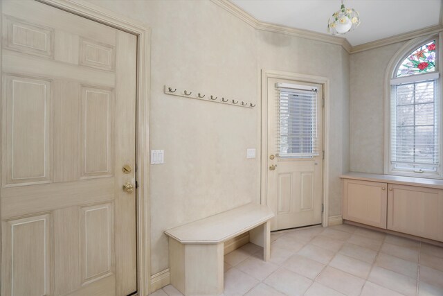 mudroom featuring baseboards and ornamental molding