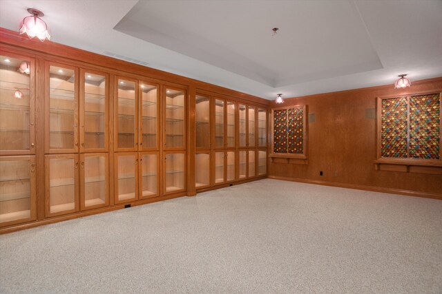 carpeted empty room featuring visible vents and a raised ceiling