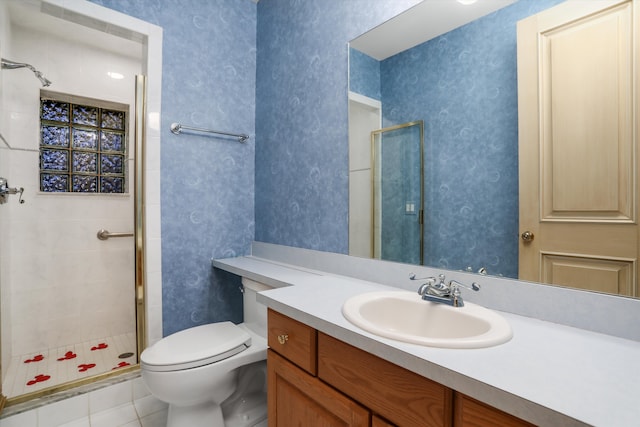 full bath featuring a shower stall, wallpapered walls, and toilet