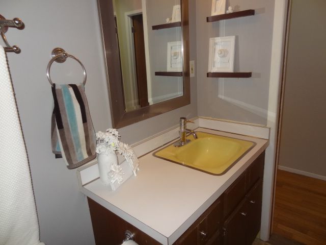 bathroom featuring vanity and hardwood / wood-style flooring