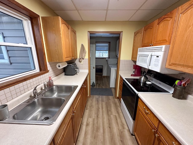 kitchen with sink, backsplash, light hardwood / wood-style floors, a drop ceiling, and electric stove