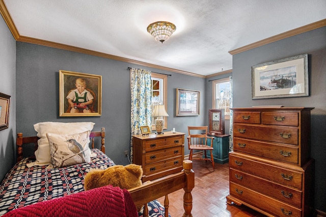 bedroom featuring light parquet flooring and ornamental molding