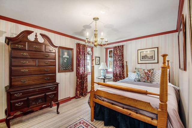 bedroom featuring ornamental molding, light carpet, and a notable chandelier