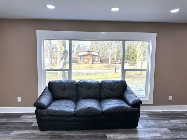 living room with a healthy amount of sunlight and dark hardwood / wood-style flooring