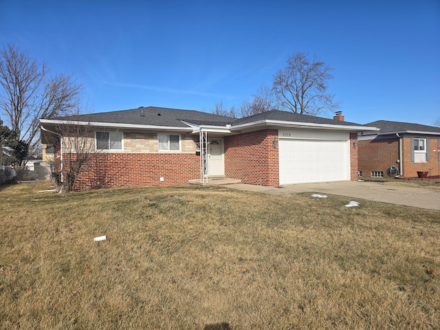 ranch-style home with a garage and a front lawn