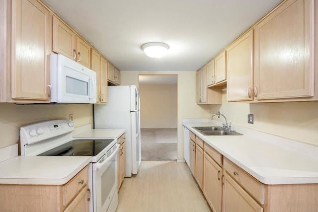 26889 Farmbrook Villa Dr, Southfield, MI 48034 - kitchen featuring white appliances, light brown cabinetry, and light countertops