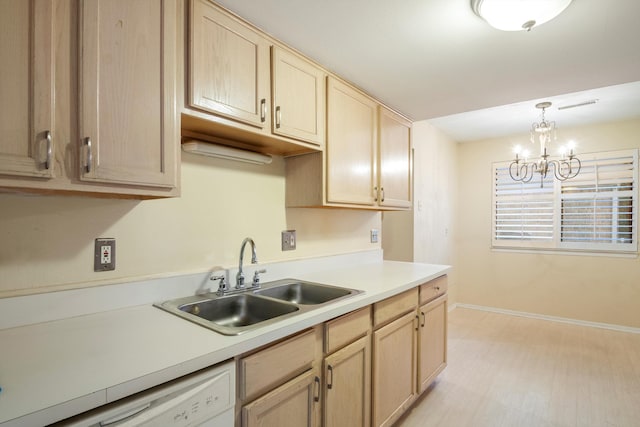 26889 Farmbrook Villa Dr, Southfield, MI 48034 - kitchen featuring light brown cabinetry, white dishwasher, light countertops, a chandelier, and pendant lighting