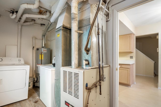 26889 Farmbrook Villa Dr, Southfield, MI 48034 - laundry area featuring washer / clothes dryer, light wood-style flooring, gas water heater, and heating unit