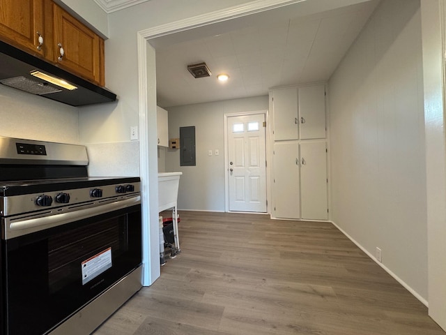 kitchen featuring exhaust hood, electric panel, light wood-type flooring, and stainless steel range with electric stovetop