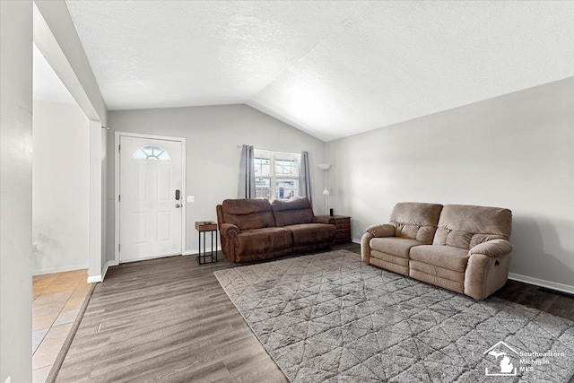 living room with lofted ceiling, wood-type flooring, and a textured ceiling