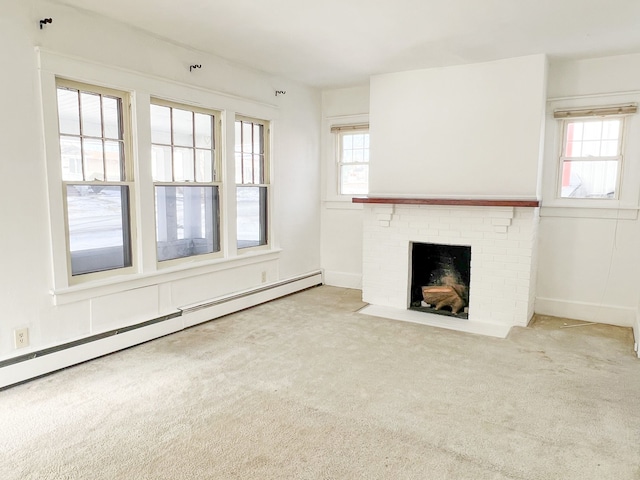 unfurnished living room featuring a baseboard radiator, a fireplace, and light colored carpet