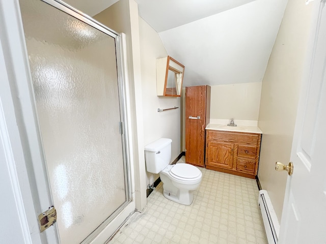 bathroom featuring lofted ceiling, vanity, a baseboard radiator, toilet, and walk in shower