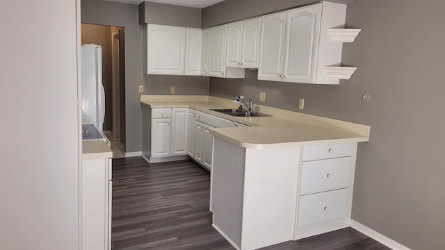 kitchen featuring sink, white cabinets, dark hardwood / wood-style floors, and kitchen peninsula