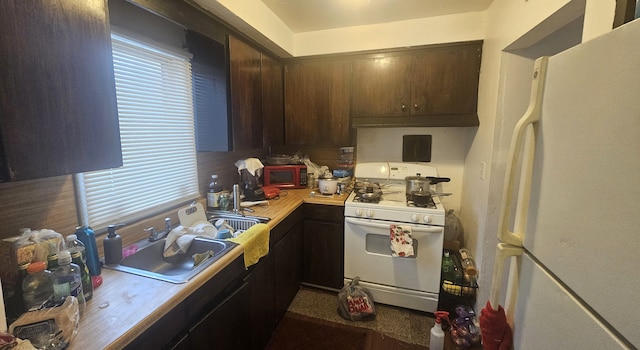 kitchen featuring sink, white appliances, dark brown cabinets, and exhaust hood