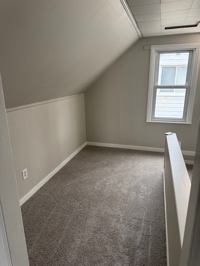 bonus room with lofted ceiling and carpet flooring