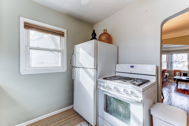 kitchen with white appliances and hardwood / wood-style floors