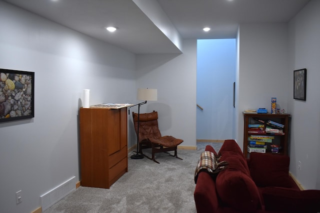 interior space featuring light colored carpet