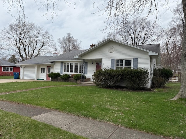 ranch-style house with a front lawn, driveway, an attached garage, and a chimney
