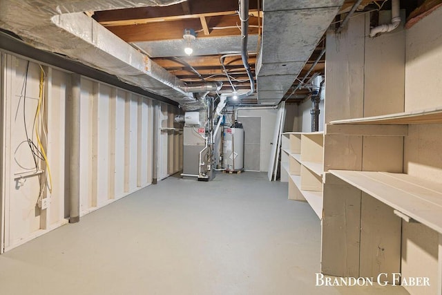 basement with heating unit and water heater