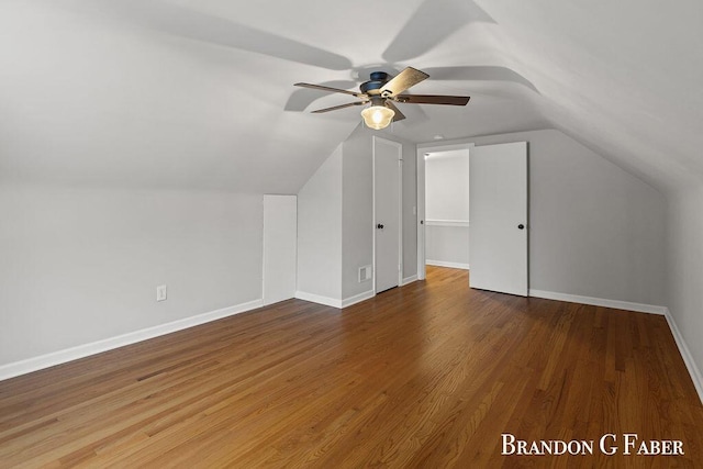 bonus room featuring vaulted ceiling, ceiling fan, and hardwood / wood-style floors