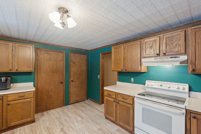 kitchen with white range with electric cooktop, ornamental molding, and light wood-type flooring