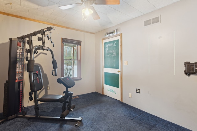 exercise area with ceiling fan and carpet flooring