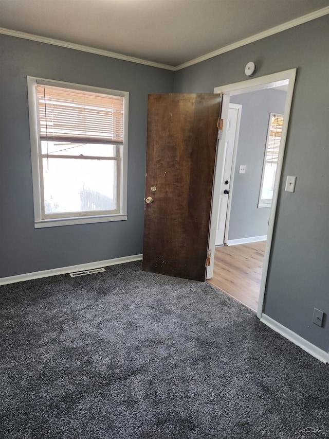 spare room featuring ornamental molding and carpet