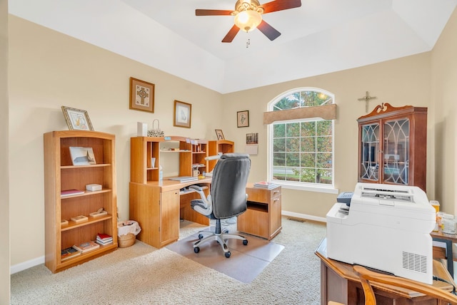 office area featuring ceiling fan and light carpet