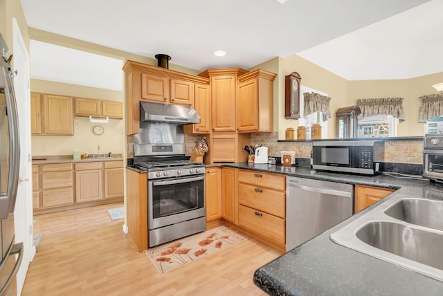 kitchen with sink, decorative backsplash, light hardwood / wood-style floors, and appliances with stainless steel finishes