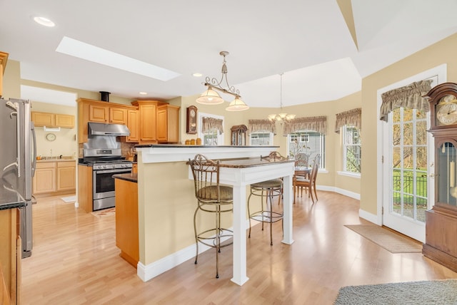 kitchen with decorative light fixtures, a skylight, a center island, appliances with stainless steel finishes, and light hardwood / wood-style floors