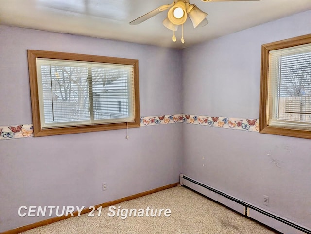 unfurnished room with baseboard heating, ceiling fan, and carpet flooring