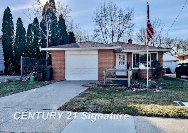 view of front facade featuring a garage, driveway, brick siding, and a front lawn