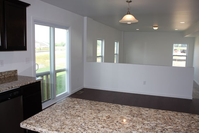 kitchen with dark hardwood / wood-style flooring, light stone counters, decorative light fixtures, and stainless steel dishwasher