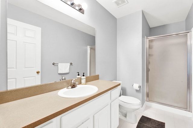 bathroom featuring tile patterned flooring, vanity, an enclosed shower, and toilet