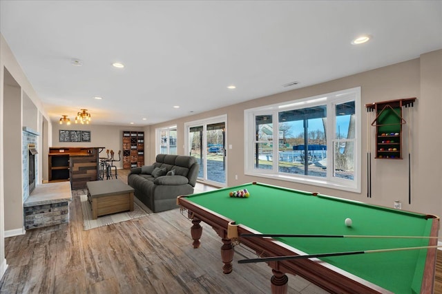 playroom with pool table, recessed lighting, wood finished floors, and baseboards