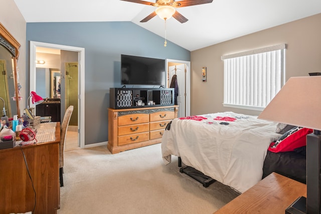 carpeted bedroom featuring ceiling fan and lofted ceiling