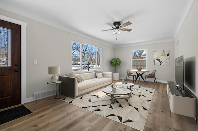 living room with ceiling fan, a wealth of natural light, and light wood-type flooring