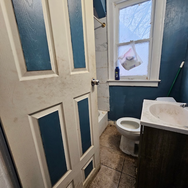 full bathroom featuring tile patterned flooring, vanity,  shower combination, and toilet