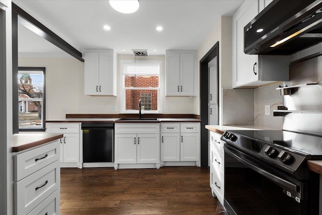 kitchen with ventilation hood, sink, white cabinets, and black appliances